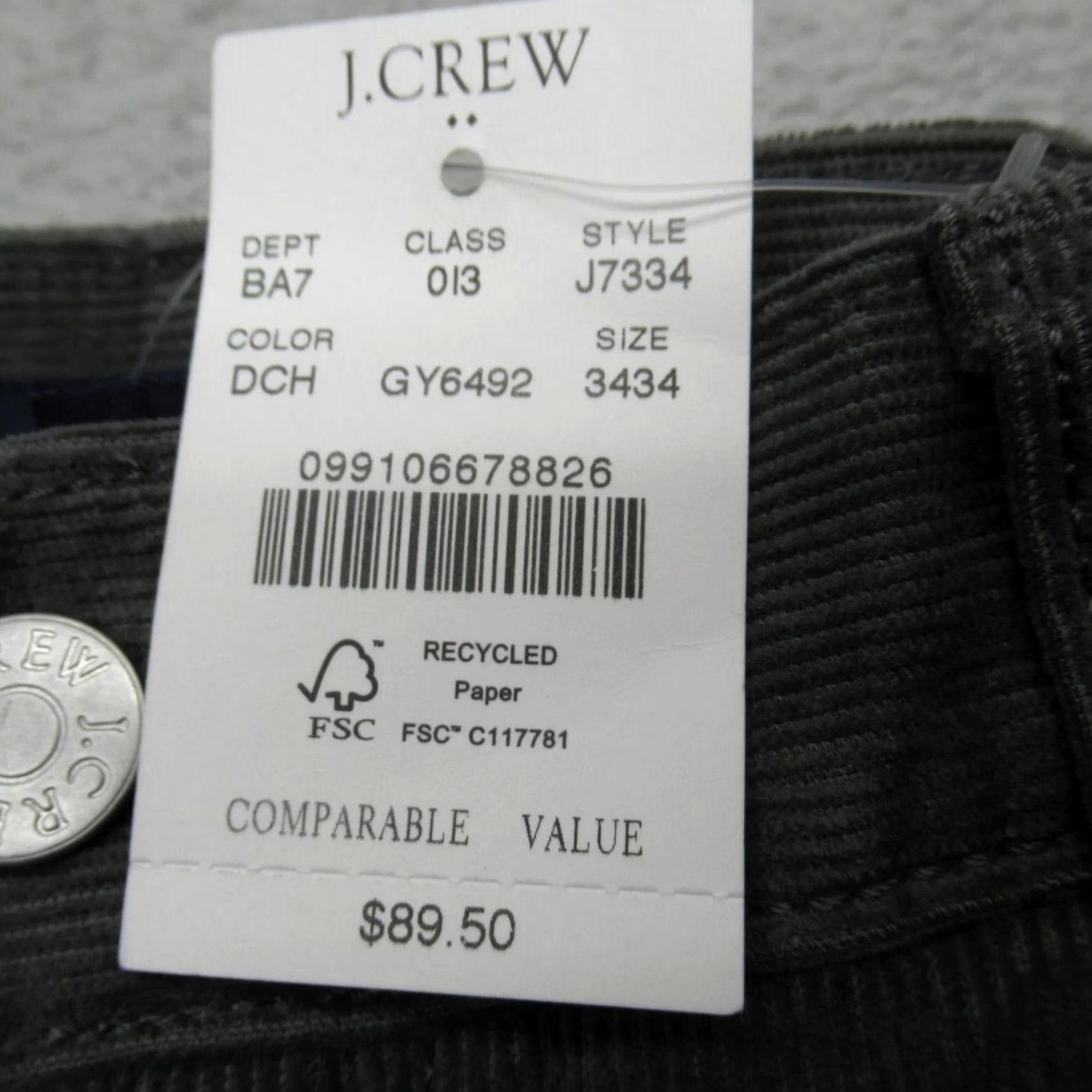 J.Crew J Crew Corduroy Pants Mens 484 Slim Straight 34x33 Gray Green Cords NEW 9.50 Size US 34 / EU 50 - 4 Thumbnail