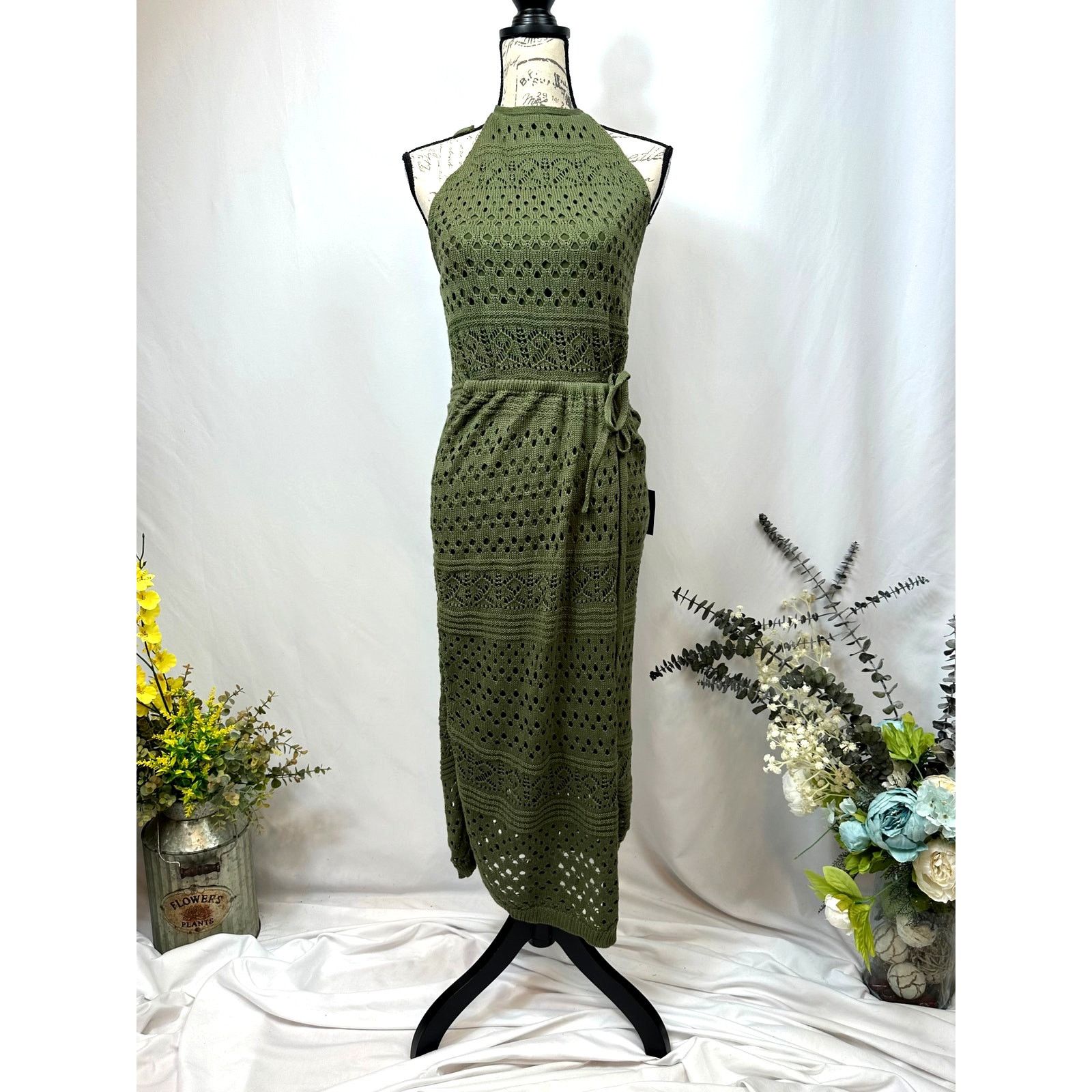 Other Lulu's Blissful Strolls Crochet Wrap Halter Midi Olive L Size L / US 10 / IT 46 - 8 Thumbnail