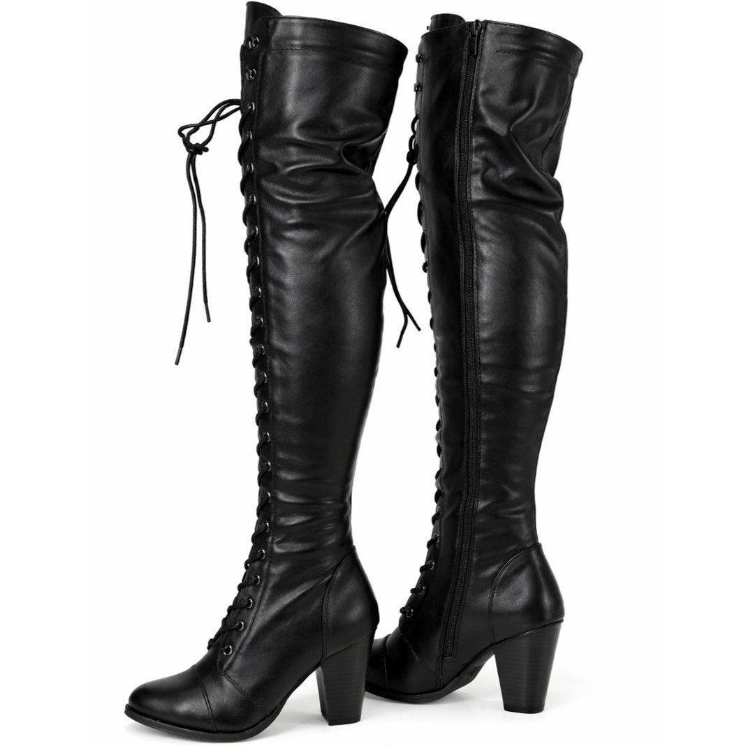 Other Ren Black Vegan Leather Lace Up Western OTK Boots 3.25" Heel Size US 5.5 / IT 35.5 - 1 Thumbnail
