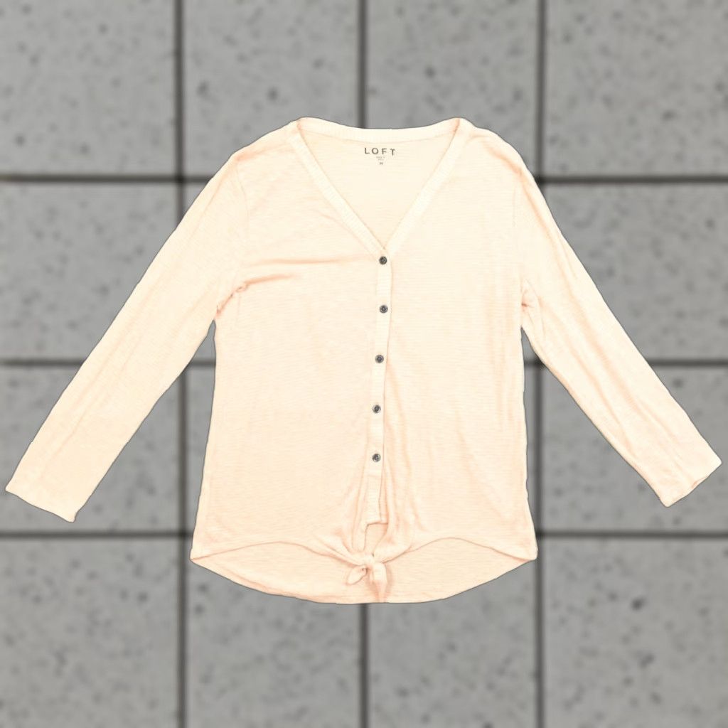 Loft LOFT Women's M Peach Striped Long Sleeve V-Neck Button Down Tie Front Top Blouse Shirt Womens Regular Pink Size M / US 6-8 / IT 42-44 - 1 Thumbnail