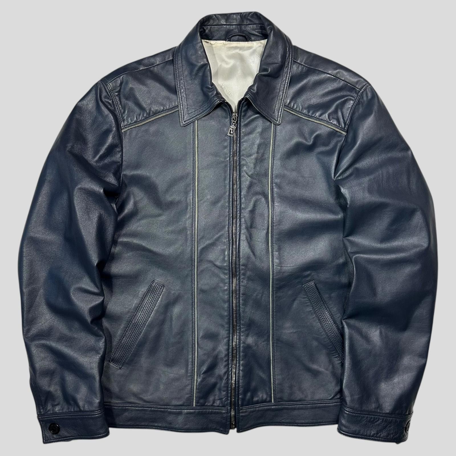 Versace Versace 90’s Classic Blue Leather Piped Moto Jacket - M Size US M / EU 48-50 / 2 - 1 Thumbnail