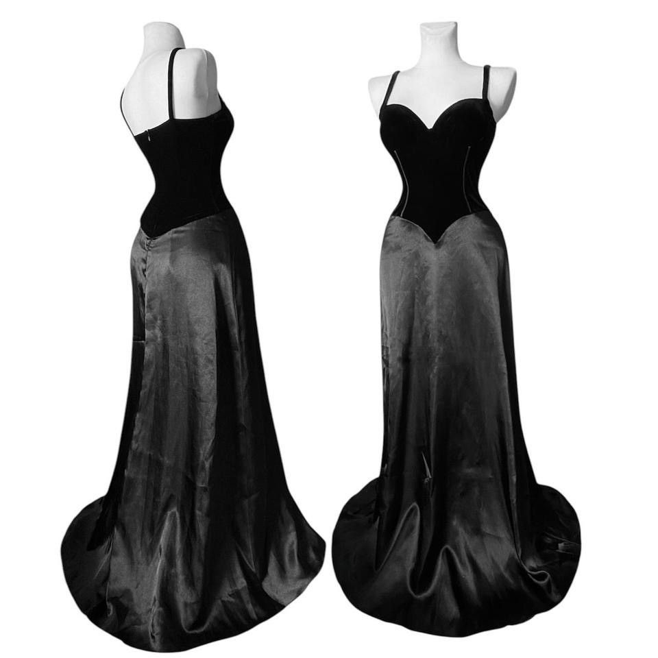 Vintage An exquisite black satin maxi dress with a velvet corset Size S / US 4 / IT 40 - 1 Thumbnail