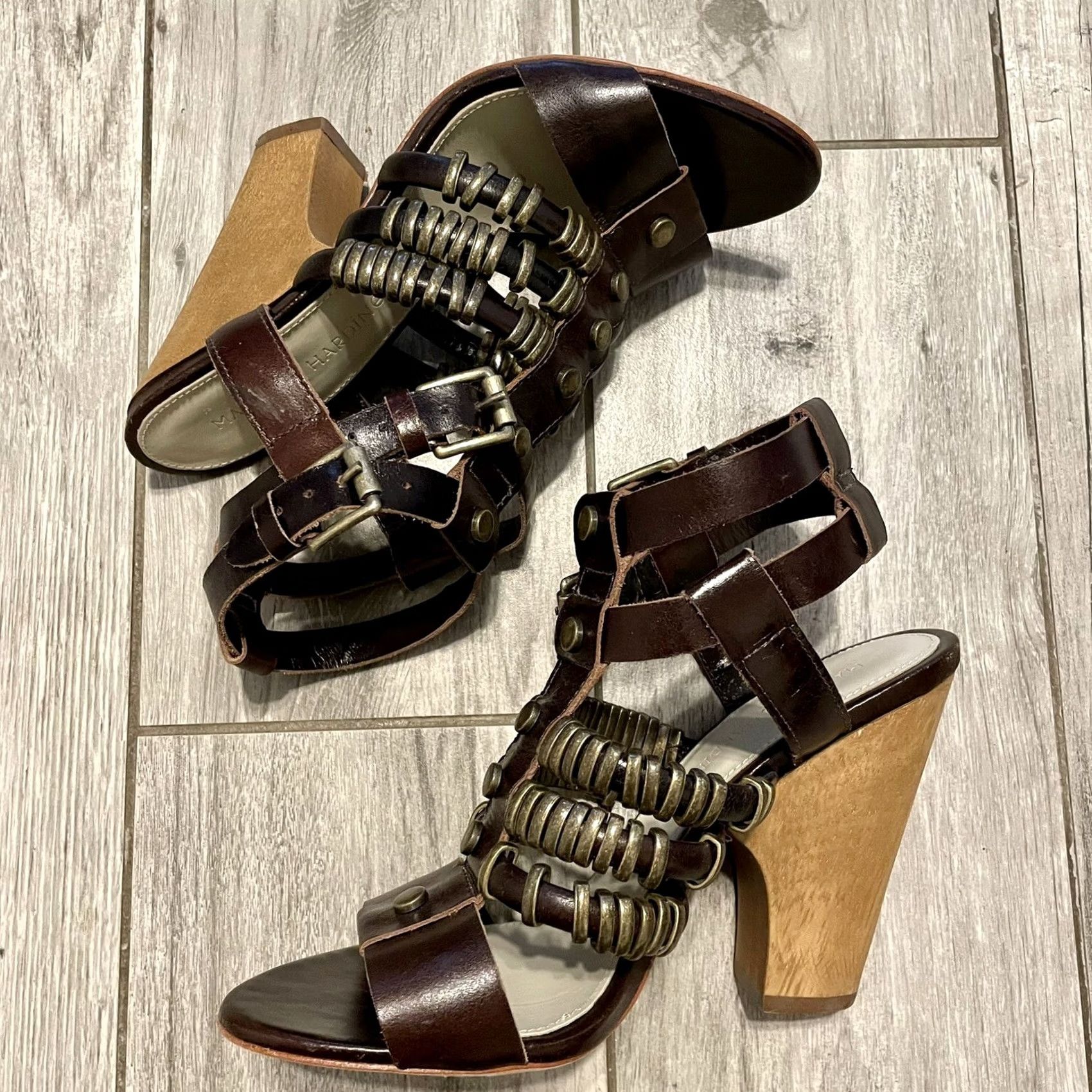 Madison VINTAGE? NWOT MADISON HARDING Brown Leather Wood Chunky Heel Sandals Gladiator 8.5 Brazil Size US 9 / IT 39 - 5 Thumbnail