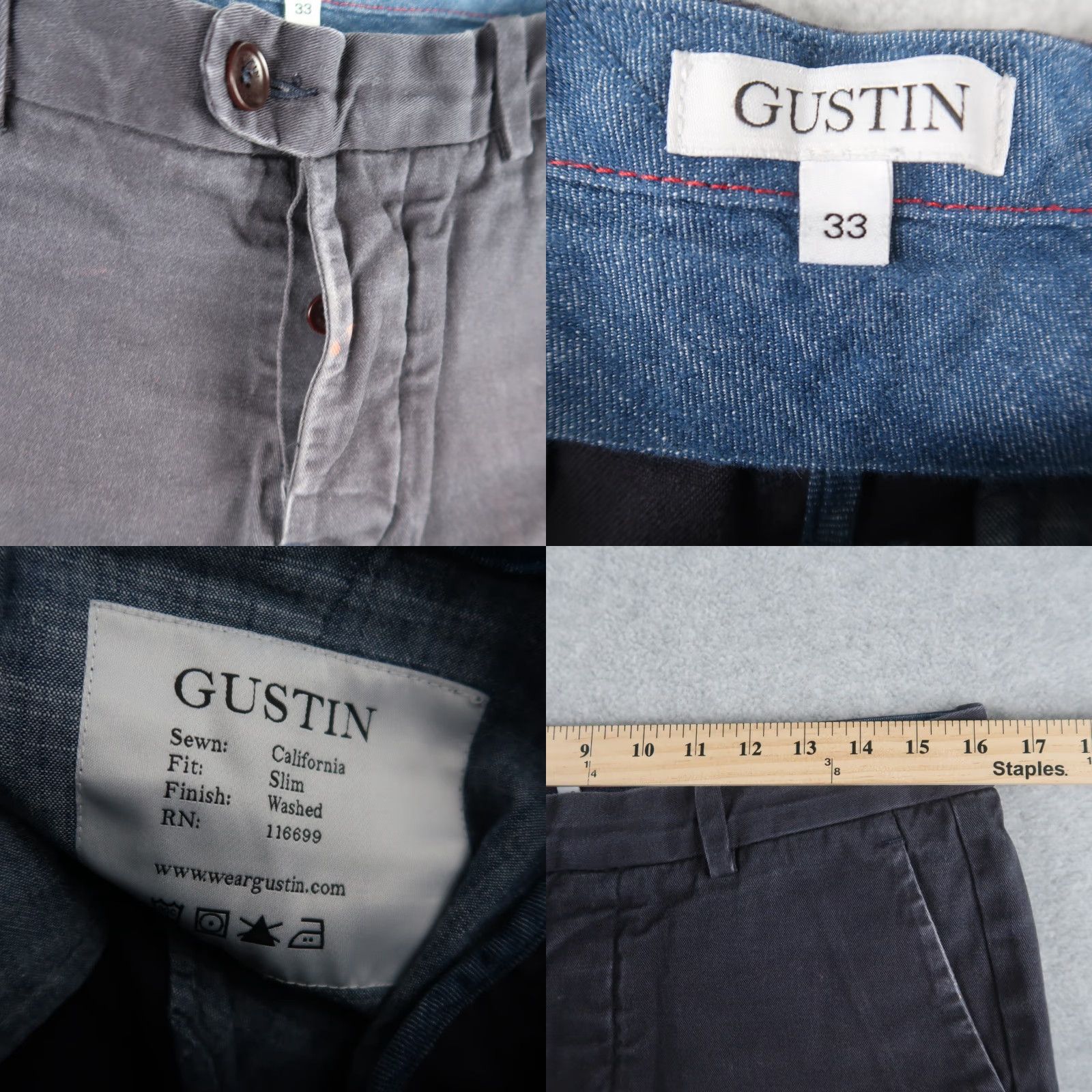 Gustin Gustin Pants Men 33 Blue Twill Slim Button Fly Chino, Straight Rise, Flat Front, Preppy Casual Vintage No, 32x29 Inseam? Size US 33 - 8 Thumbnail