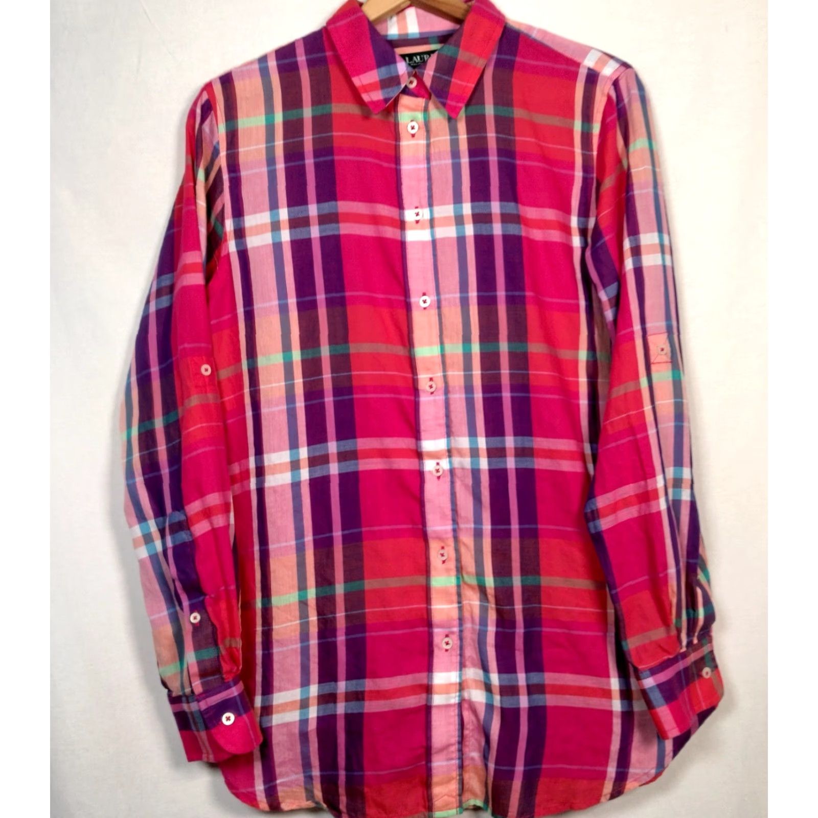 Ralph Lauren LAUREN RALPH LAUREN Blouse Shirt Women Medium Roll Tab Sleeve Purple Plaid Casual Preppy Size M / US 6-8 / IT 42-44 - 2 Thumbnail