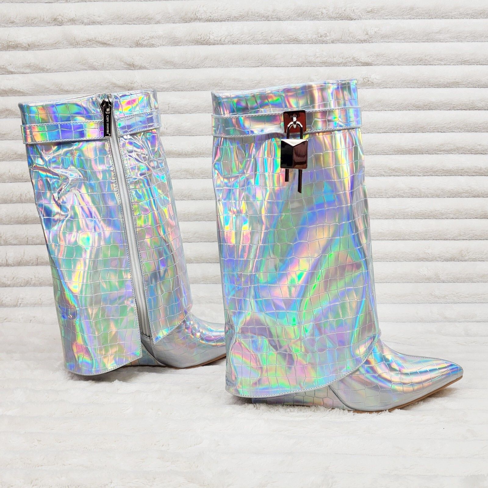 Other Vision Royal Silver Hologram Wedge Heel Fold Over Skirted An Size US 9 / IT 39 - 3 Thumbnail