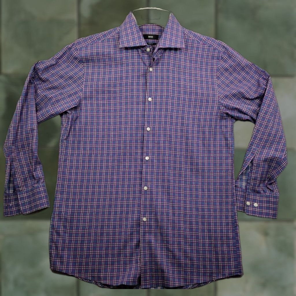 Hugo Boss Hugo Boss Mens Purple Plaid Button Up Sharp Fit 16 Long Sleeve Shirt Size US L / EU 52-54 / 3 - 1 Thumbnail