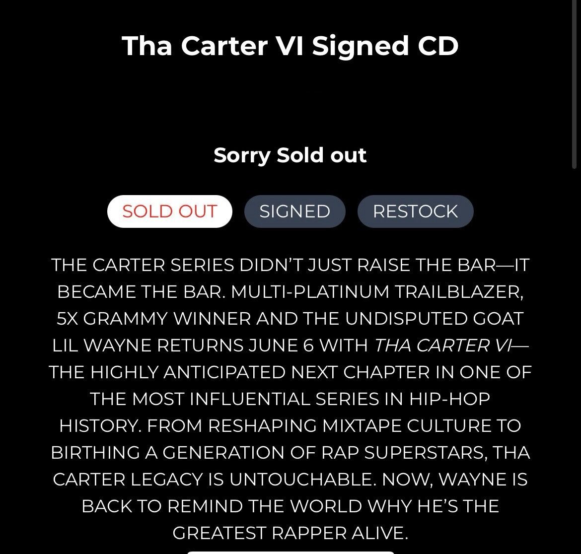 Lil Wayne 🔥Tha Carter VI CD by Lil’ Wayne SIGNED Size ONE SIZE - 3 Thumbnail