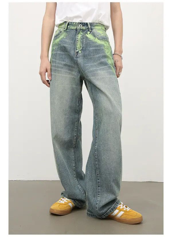 Japanese Brand Men's ink-splashed loose straight-leg wide-leg jeans Size US 32 / EU 48 - 8 Thumbnail