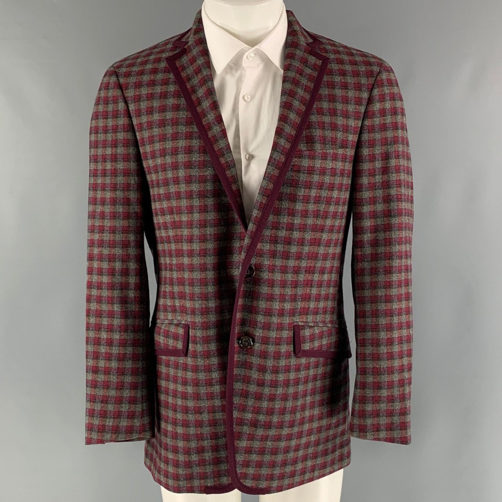 Size 40 Burgundy Checkered Cotton Notch Lapel Sport Coat