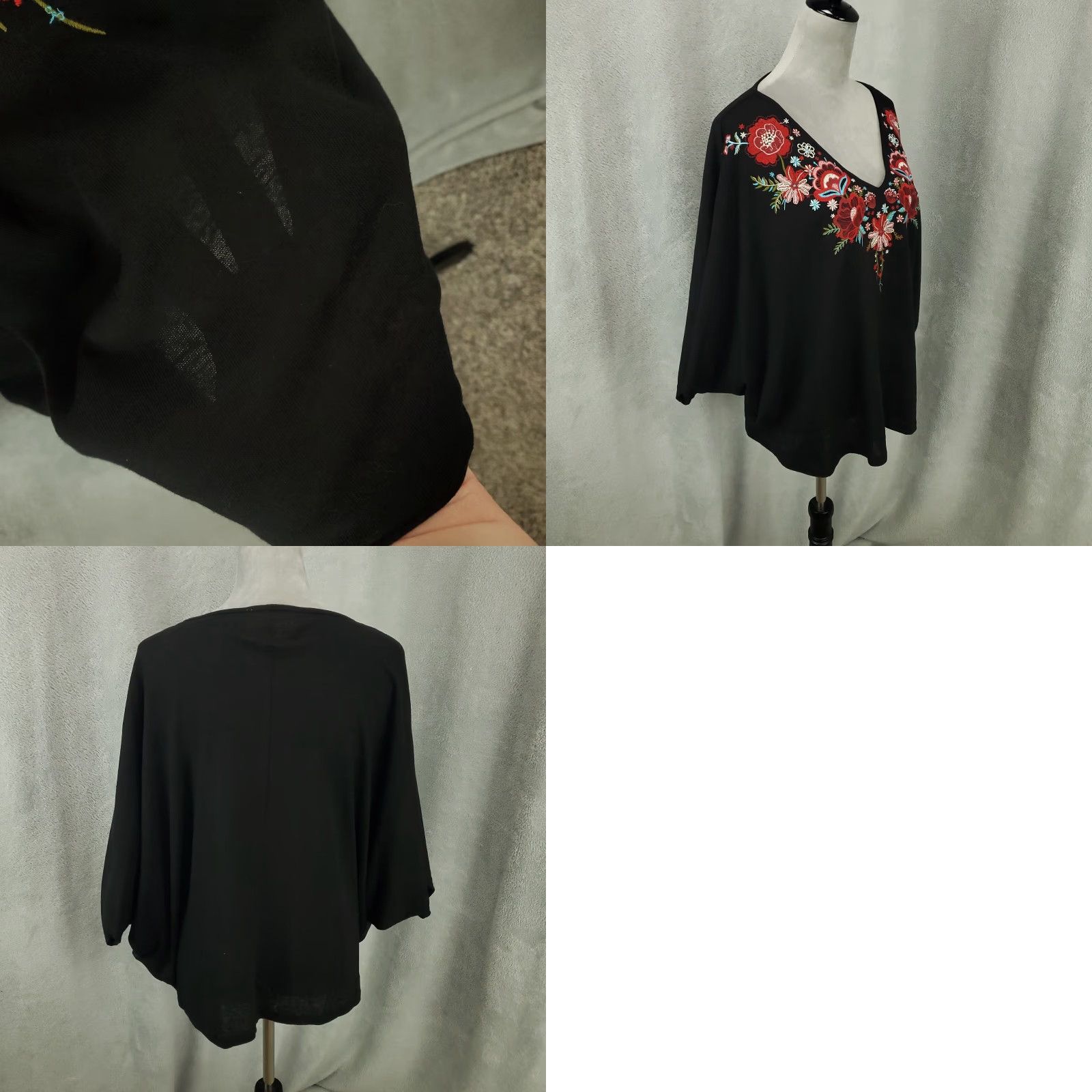 Vintage Savanna Jane Boho Top Womens Black Embroidered Flowers Sheer Dolman Oversized S Shirt Blouse Size S / US 4 / IT 40 - 8 Thumbnail