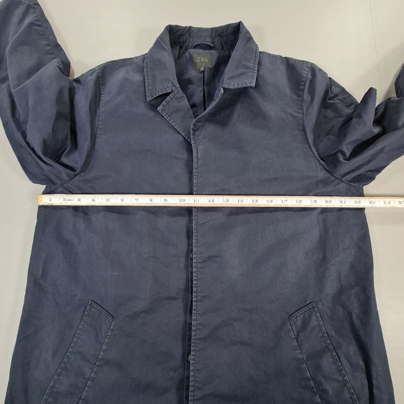 Cos COS Coat Mens Navy Blue 52 Cotton Long Line Single Breasted Overcoat Lightweight Pockets Size US L / EU 52-54 / 3 - 7 Thumbnail