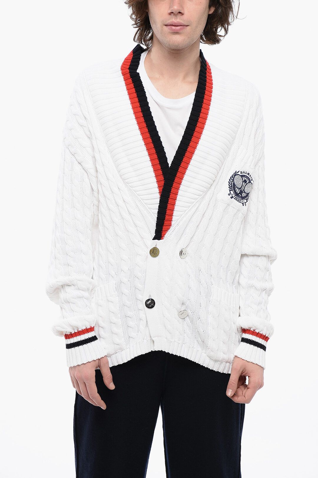 og1mm0325 Double-breasted Cable Knit Cotton Cardigan White Menswear