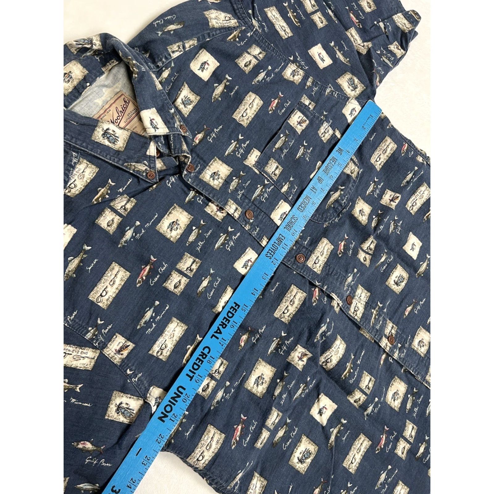 Vintage VINTAGE Woolrich Shirt Button-Up Short Sleeve Fish All Over Print Size L Blue Cotton Knit Pattern 90s Animals Outdoor Mens Size US L / EU 52-54 / 3 - 5 Thumbnail