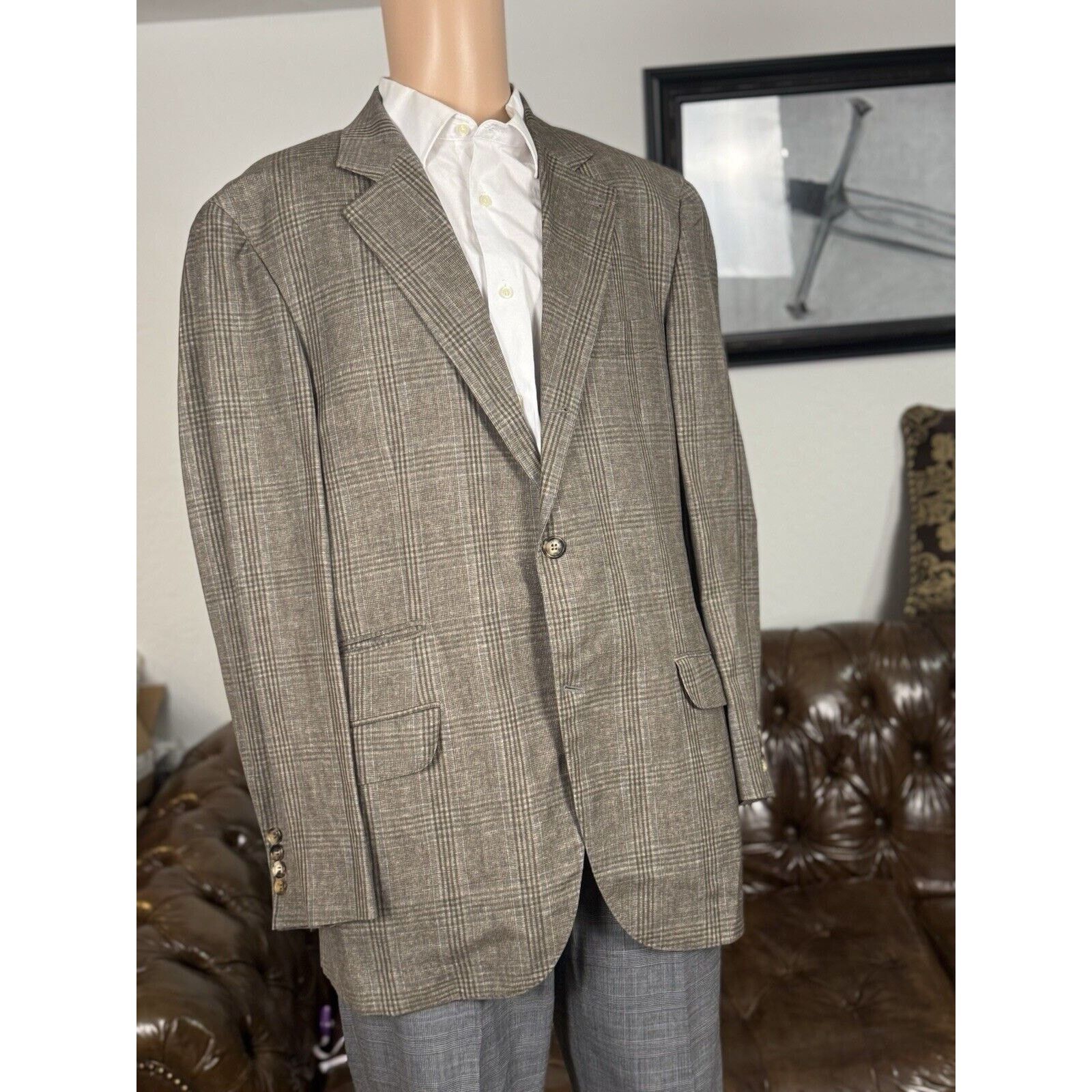 Brunello Cucinelli Brunello Cucinelli Prince Of Wales Taupe Sportcoat IT 54/ 44 Size 44R - 3 Thumbnail