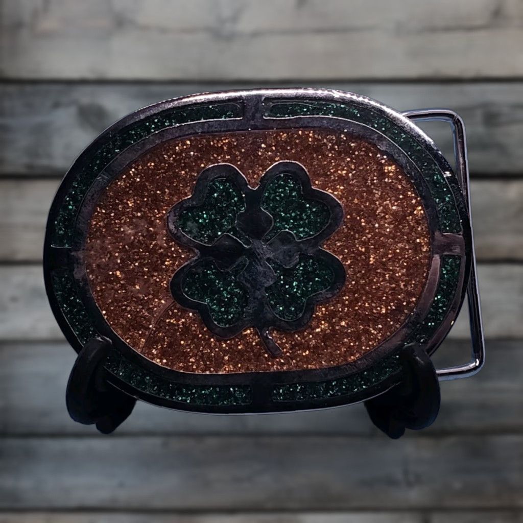 Vintage VINTAGE PSC Belt Buckle Silver Toned Four Leaf Clover Irish 1979 2 1/8" x 3" Glitter Green Orange Womens Mens Unisex Size ONE SIZE - 1 Thumbnail