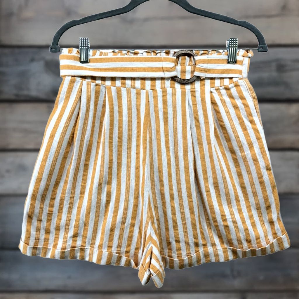 Asos ASOS Linen Blend Shorts Womens Size 6 Mustard Yellow Striped High Waisted Paperbag Relaxed Size 28" / US 6 / IT 42 - 1 Thumbnail