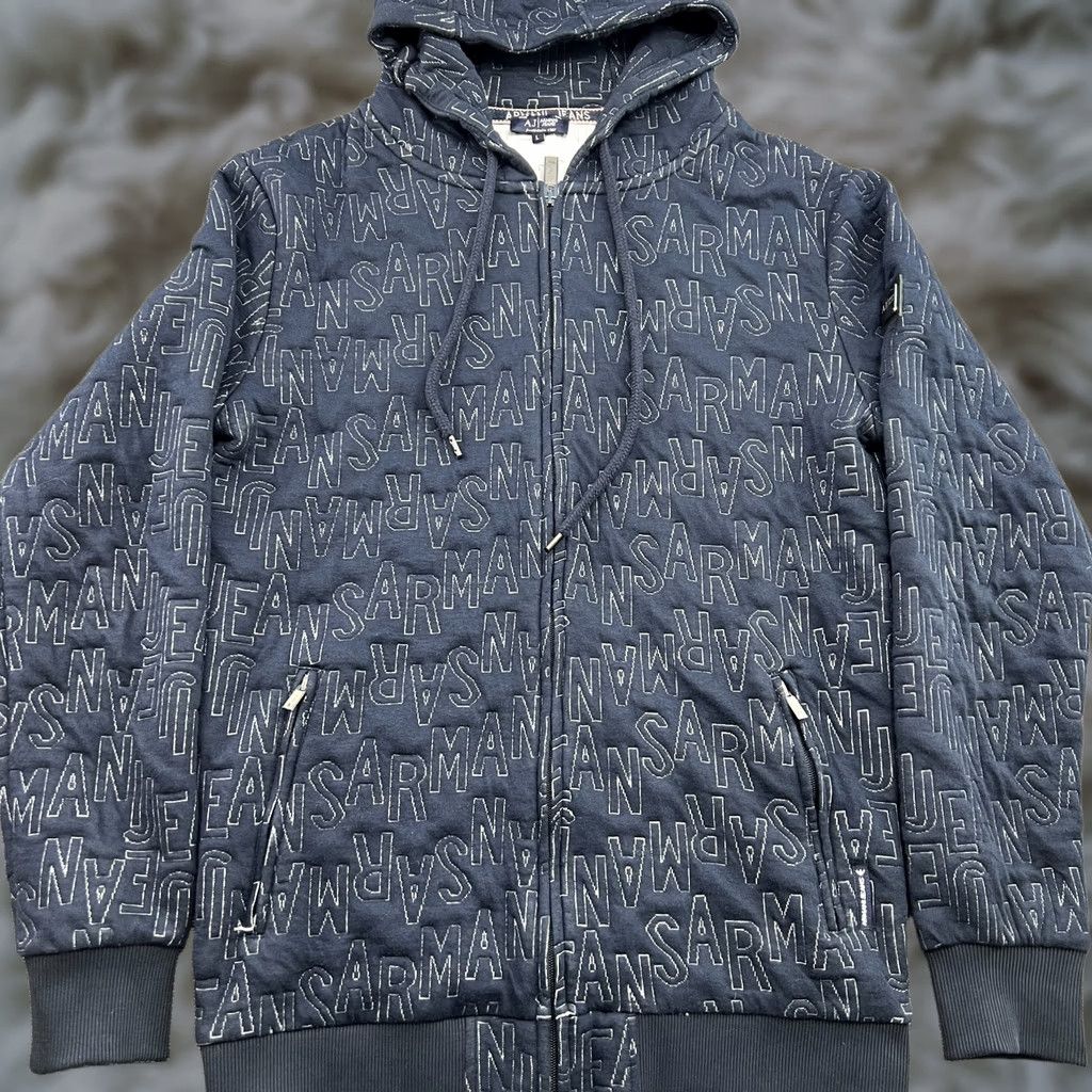 Vintage Armani Jeans MEns Hoodie Large Hoody AOP Spellout All Over Print Full Zip Blue Size US 33 - 1 Thumbnail