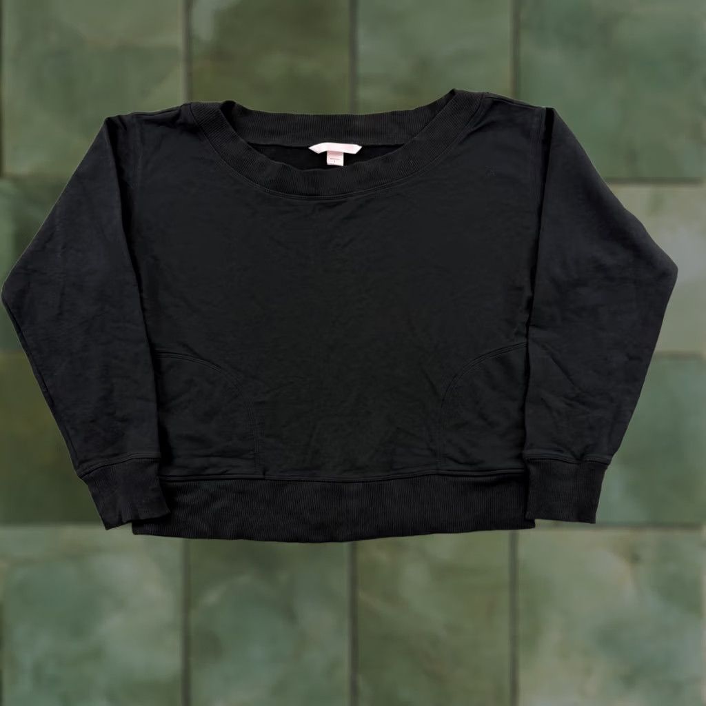 Victoria's Secret Victoria’s Secret PINK Sweatshirt Womens Large Black Cropped Crew Neck Raglan Sleeve Logo Relaxed Fit Pullover Size L / US 10 / IT 46 - 1 Thumbnail