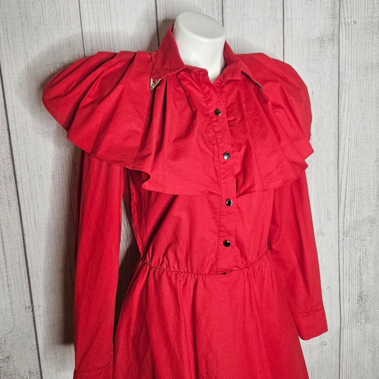 Vintage VTG Lilia Smitty Red Western Shirt Dress Ruffle Yoke Collar Size S / US 4 / IT 40 - 2 Thumbnail