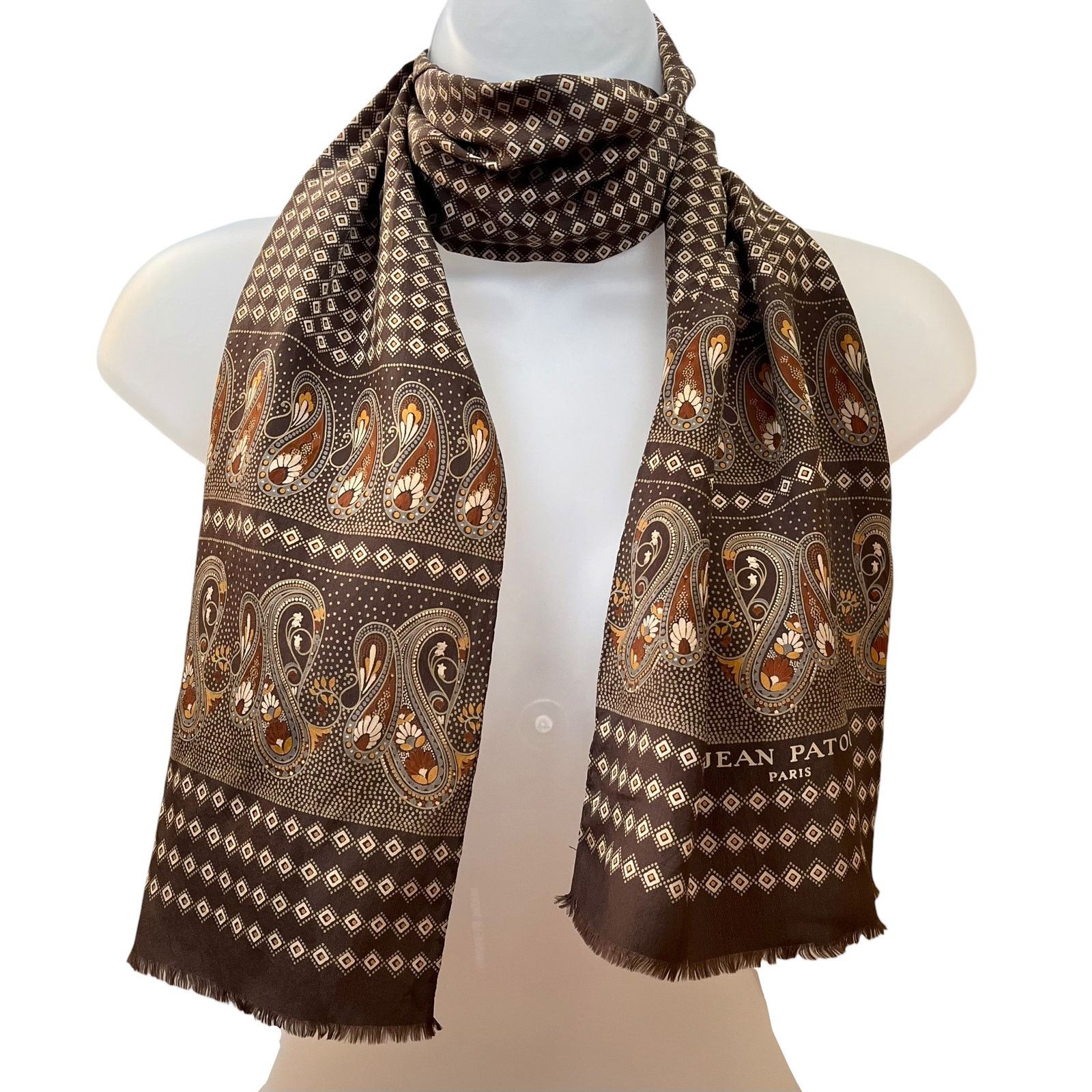 Patou × Vintage Jean Patou Vintage Earth-Tone Paisley Fringe Silk Scarf Size ONE SIZE - 2 Thumbnail