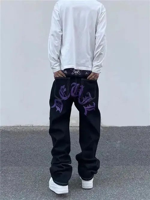Jean Black High Street Hip Hop Printed Wide Leg Jeans Size US 30 / EU 46 - 1 Thumbnail