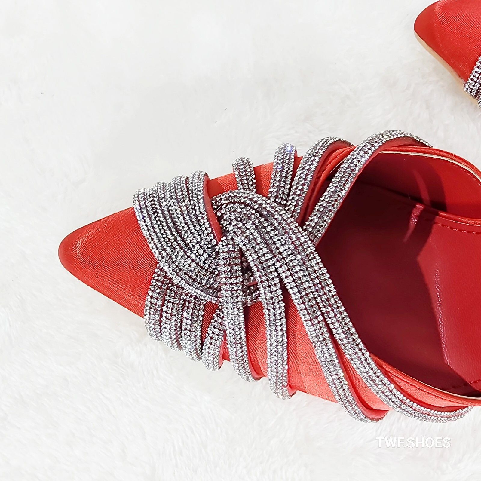 Other Elegance Slip on Slingback Red Satin Rhinestone Pointy Toe H Size US 6.5 / IT 36.5 - 3 Thumbnail