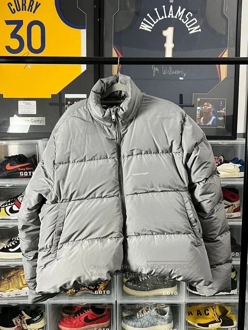 Balenciaga Gray Small Logo Down Jacket.
