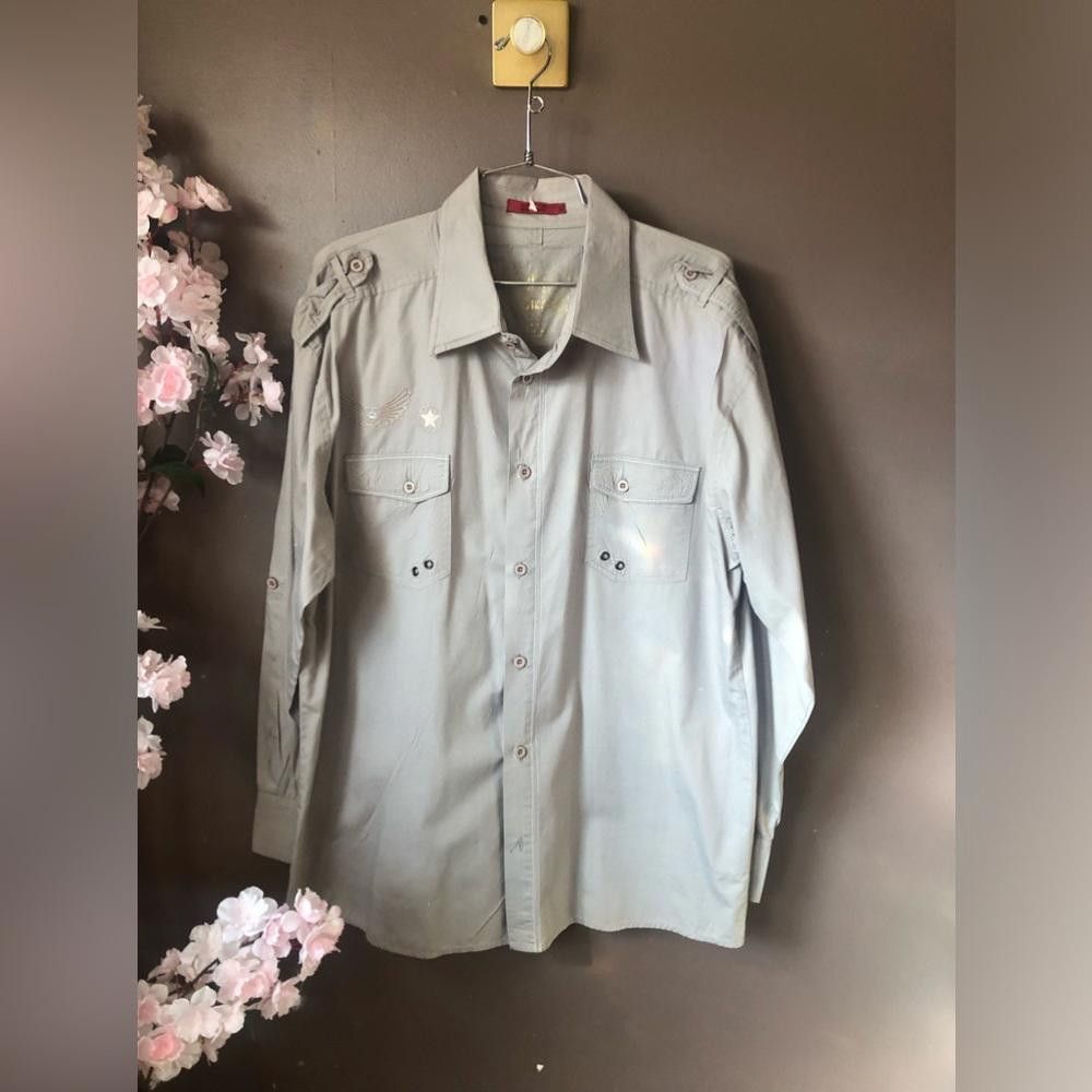 NBDN Nobrandedon Top shirt button down grey with naval designs Size 44R - 1 Thumbnail
