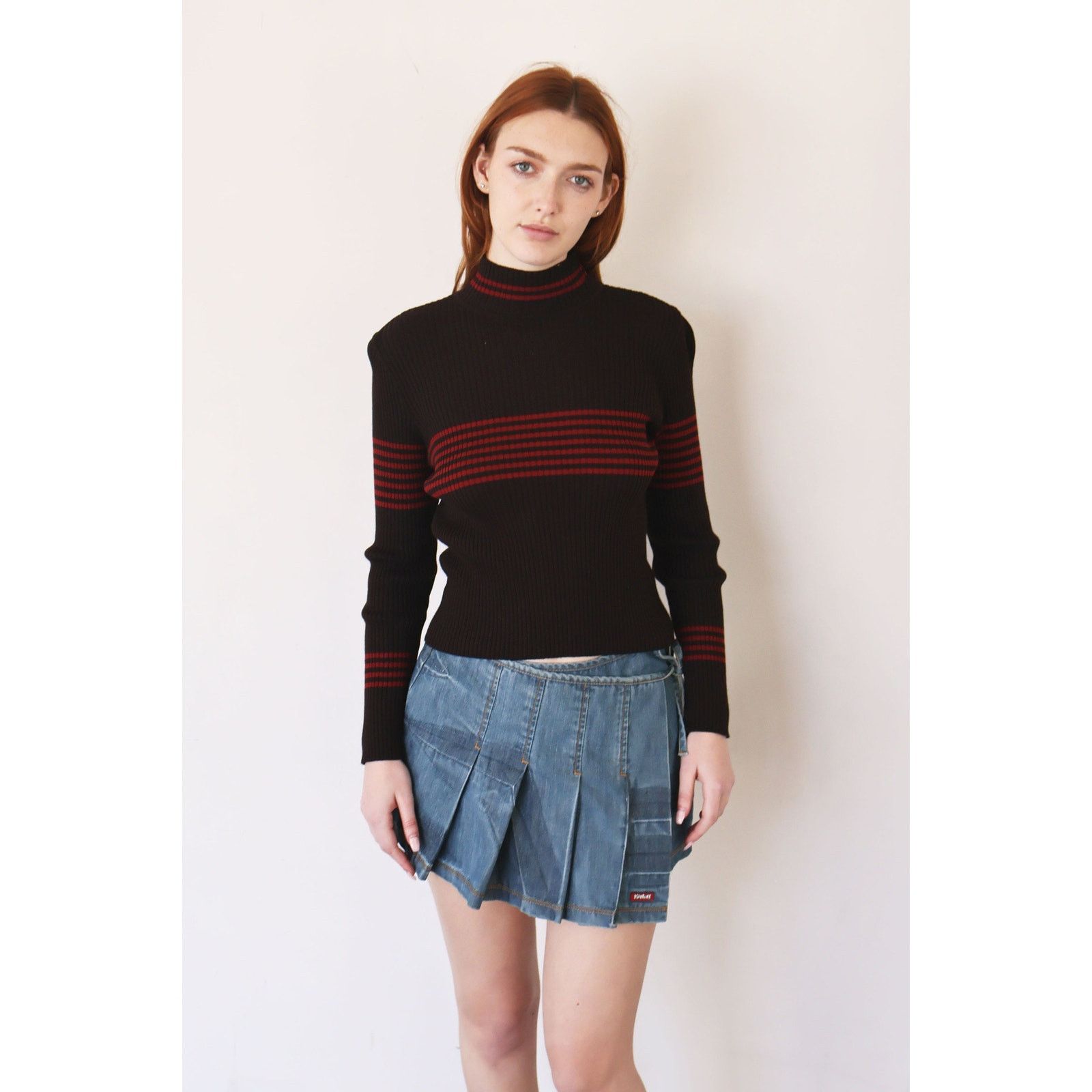 Celine Vintage CELINE Brown + Red Ribbed Striped Turtleneck Size M / US 6-8 / IT 42-44 - 3 Thumbnail