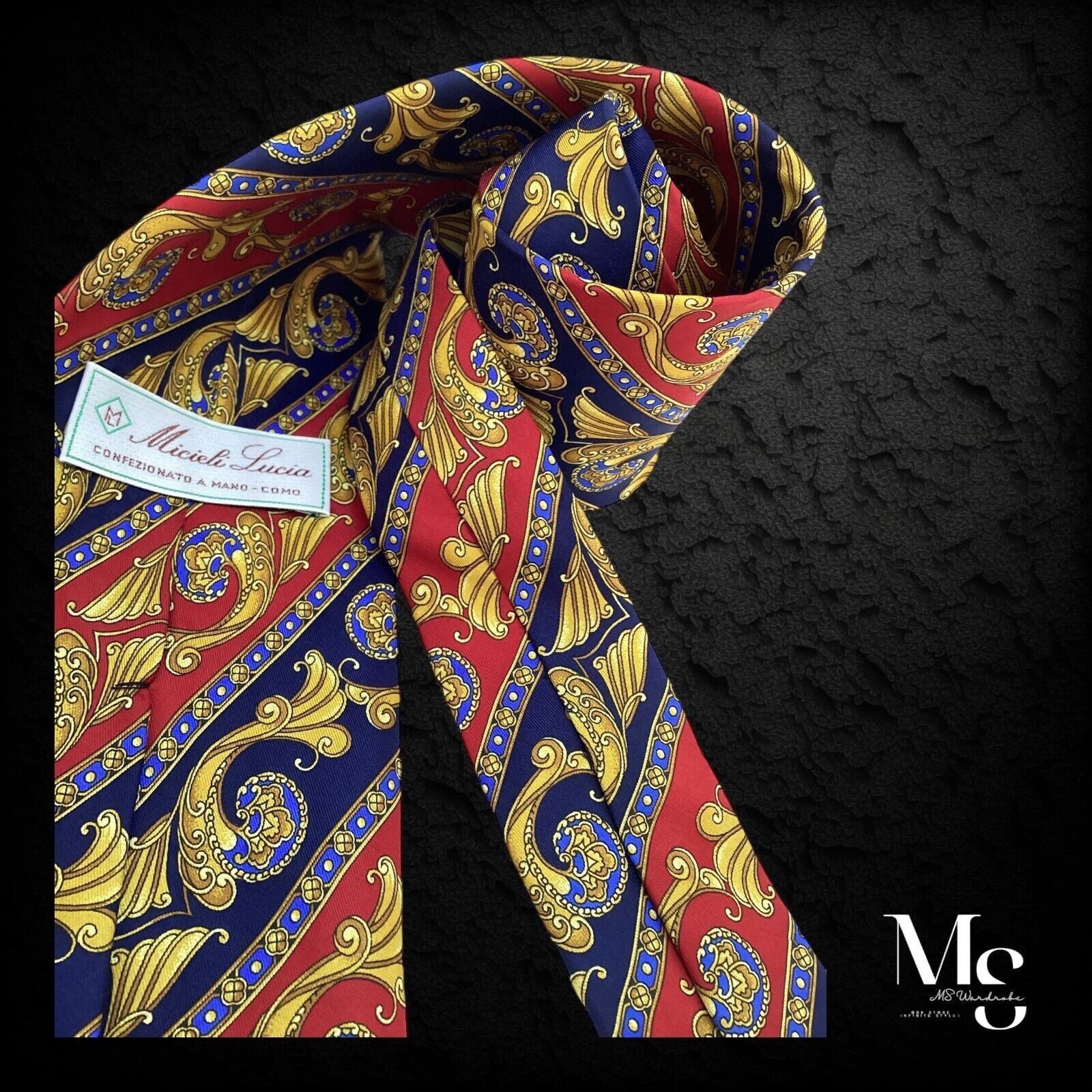Other MICIELI LUCIA Blue Red Geometric Baroque Silk Tie Hand Made Size ONE SIZE - 3 Thumbnail