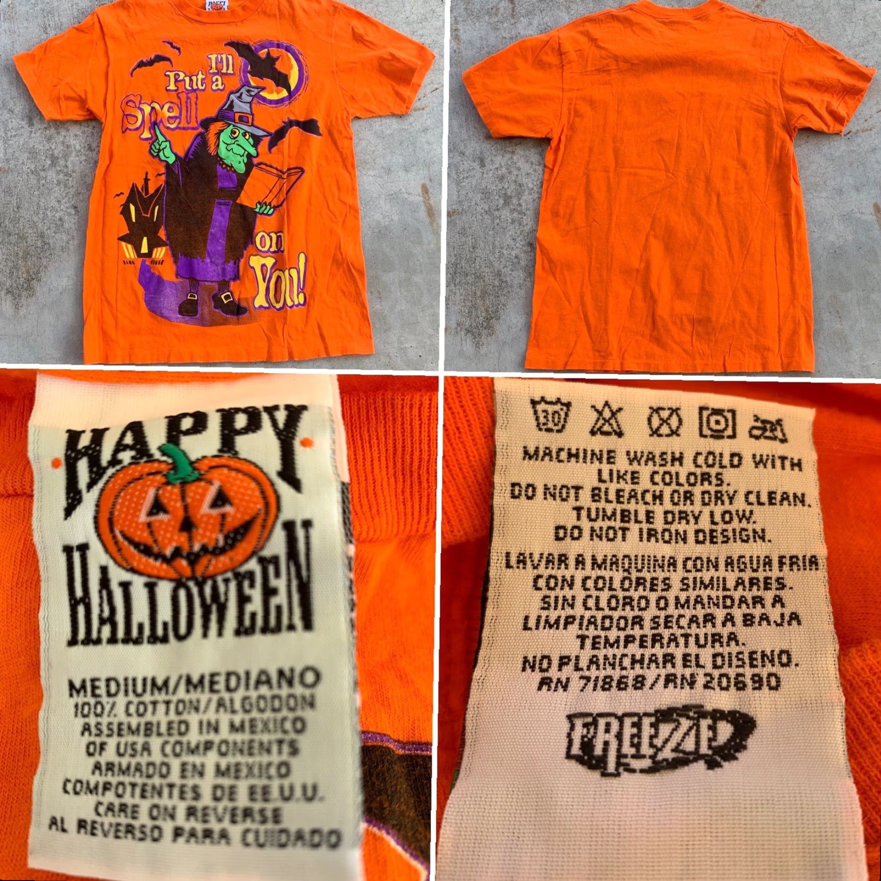 Spell VINTAGE Happy Halloween T-Shirt M 90s Orange Graphic Print Short Sleeve Crew Neck Men Redacted? Size US M / EU 48-50 / 2 - 3 Thumbnail