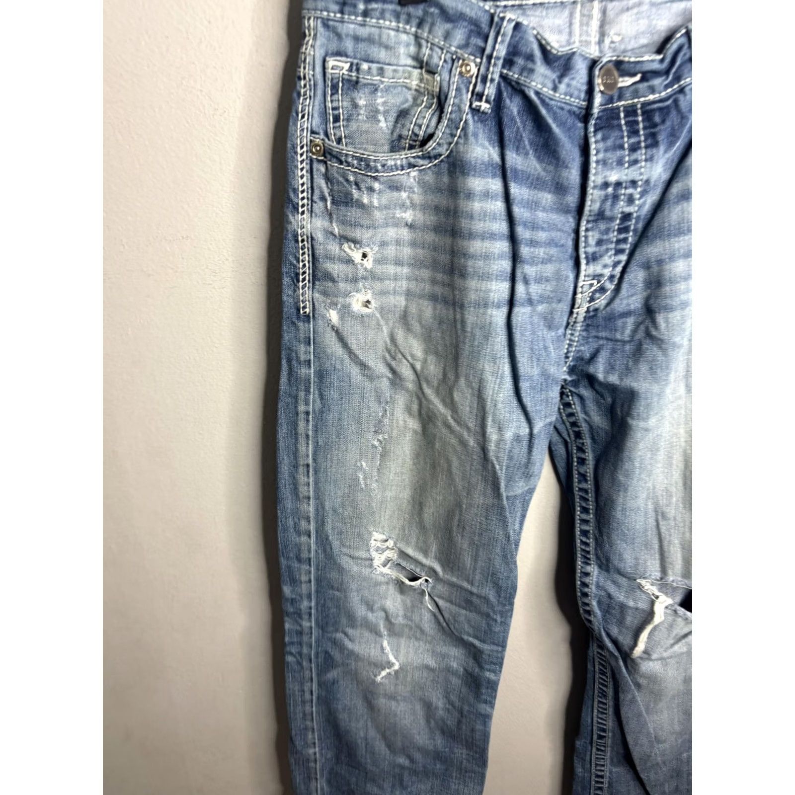 BKE BKE Tyler Straight Jeans Mens 33x34 Blue Distressed Ripped Denim Button Fly Size US 33 - 2 Thumbnail