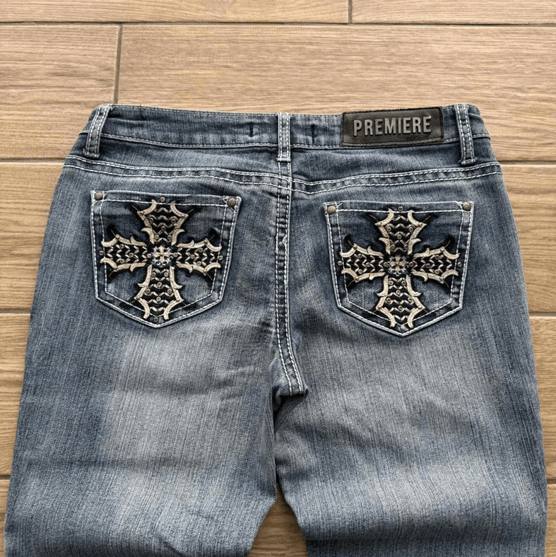 rue21 Y2K Premiere Rue 21 Cross Embroidered Denim Jeans Size 32" / US 10 / IT 46 - 3 Thumbnail