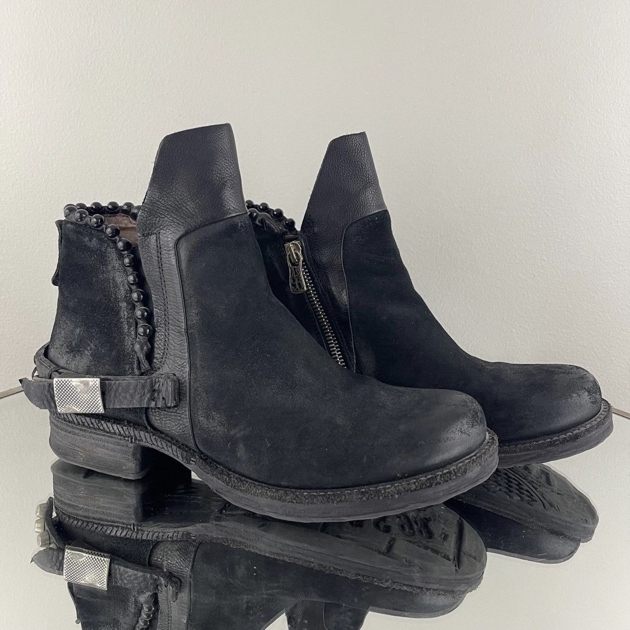 A.S.98 A.S.98 Black Nubuck Suede Airstep Biker Stud Ankle Booties Size US 7 / IT 37 - 1 Thumbnail