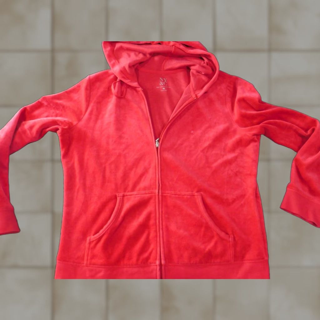 Vintage New York & Company Womens Sweater Full Zip Hoodie L Red Knit Polyester Raglan Sleeve Mock Neck Vintage? No Size L / US 10 / IT 46 - 1 Thumbnail