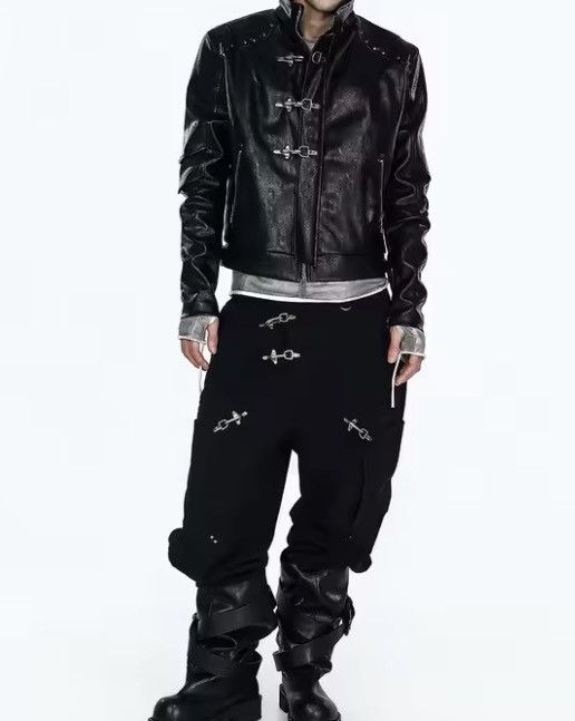 Japanese Brand Cyber Punk Metal Clasp PU Leather Jacket Industrial Crop Size US L / EU 52-54 / 3 - 3 Thumbnail
