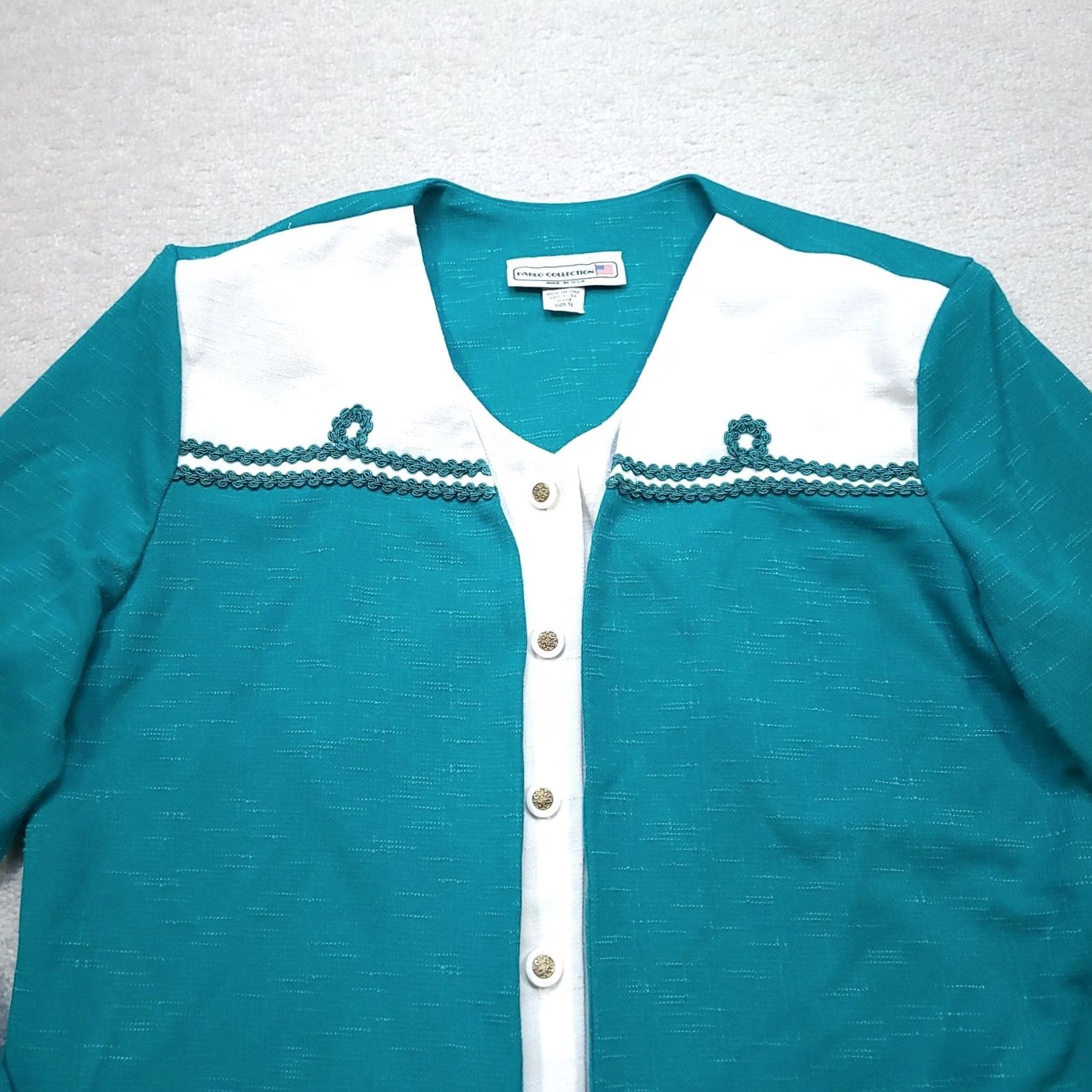Vintage VINTAGE Pablo Collection Blouse Shirt Women's 16 Teal Blue 1980s USA Made Secretary/Geek Embellished Front-Shoulder Pads Mens/ Womens Size XXL / US 16-18 / IT 52-54 - 3 Thumbnail