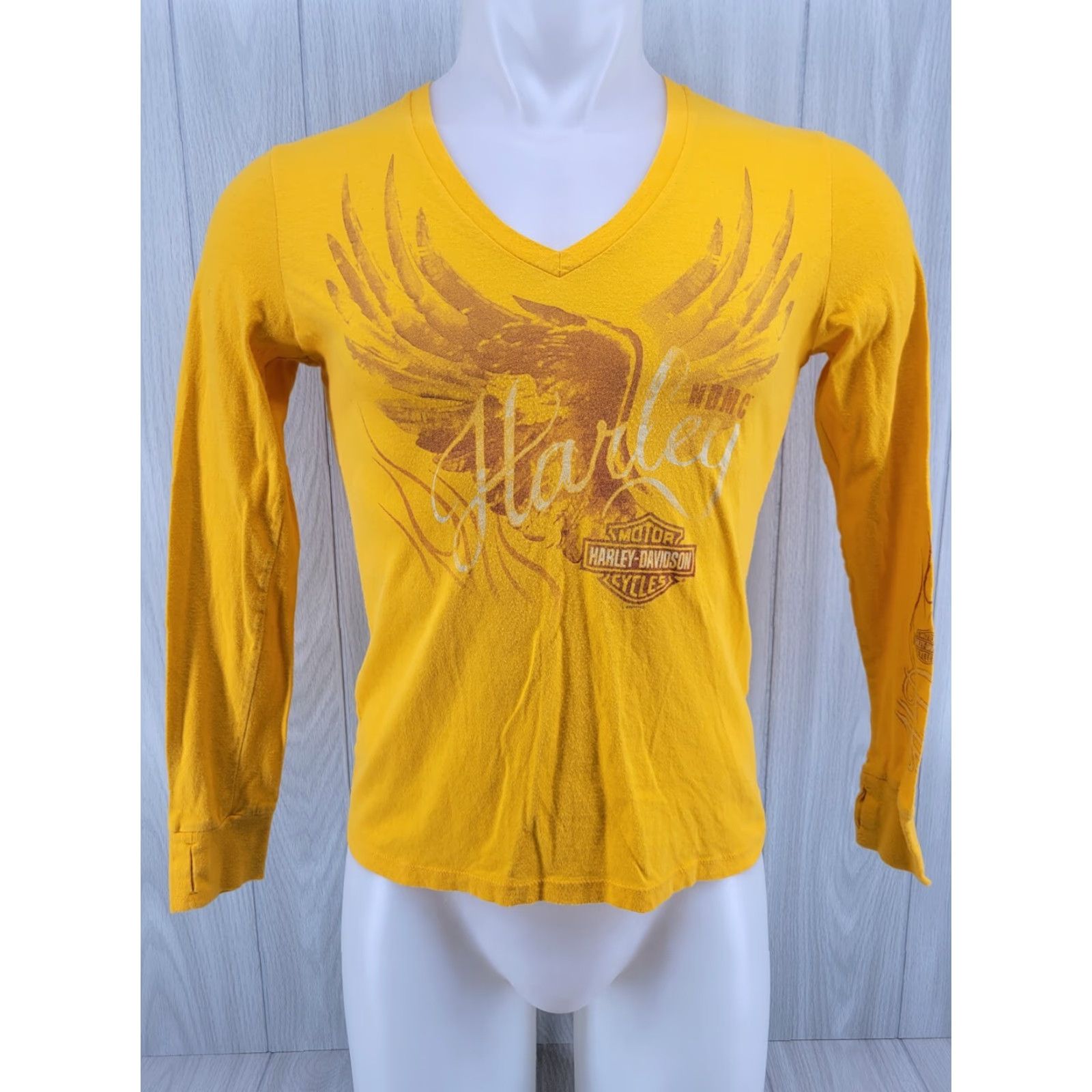 Harley Davidson VINTAGE Wisconsin Harley-Davidson LS Shirt Womens M V Neck Yellow Orange Harley-Davidson Shirt Ladies Medium Gold Size M / US 6-8 / IT 42-44 - 2 Thumbnail