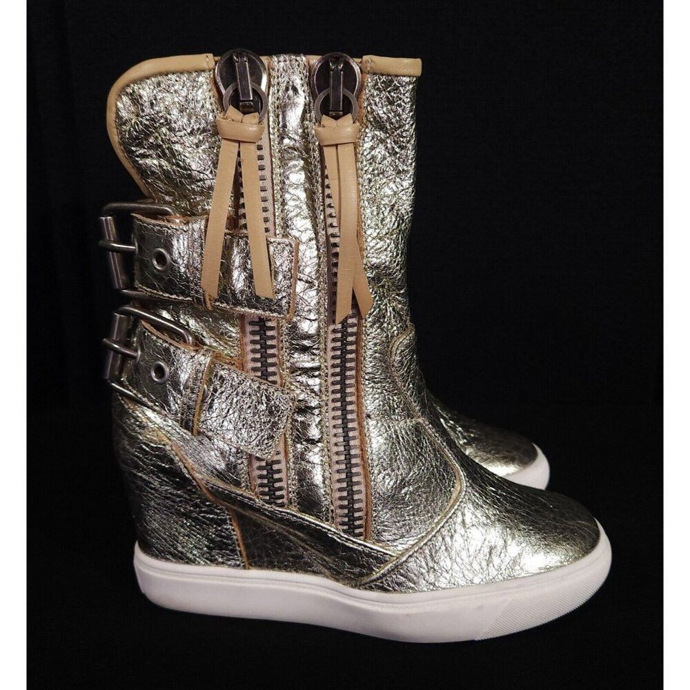 image of Giuseppe Zanotti Buckle Wedge Leather Sneaker 36 6 Gold, Women's