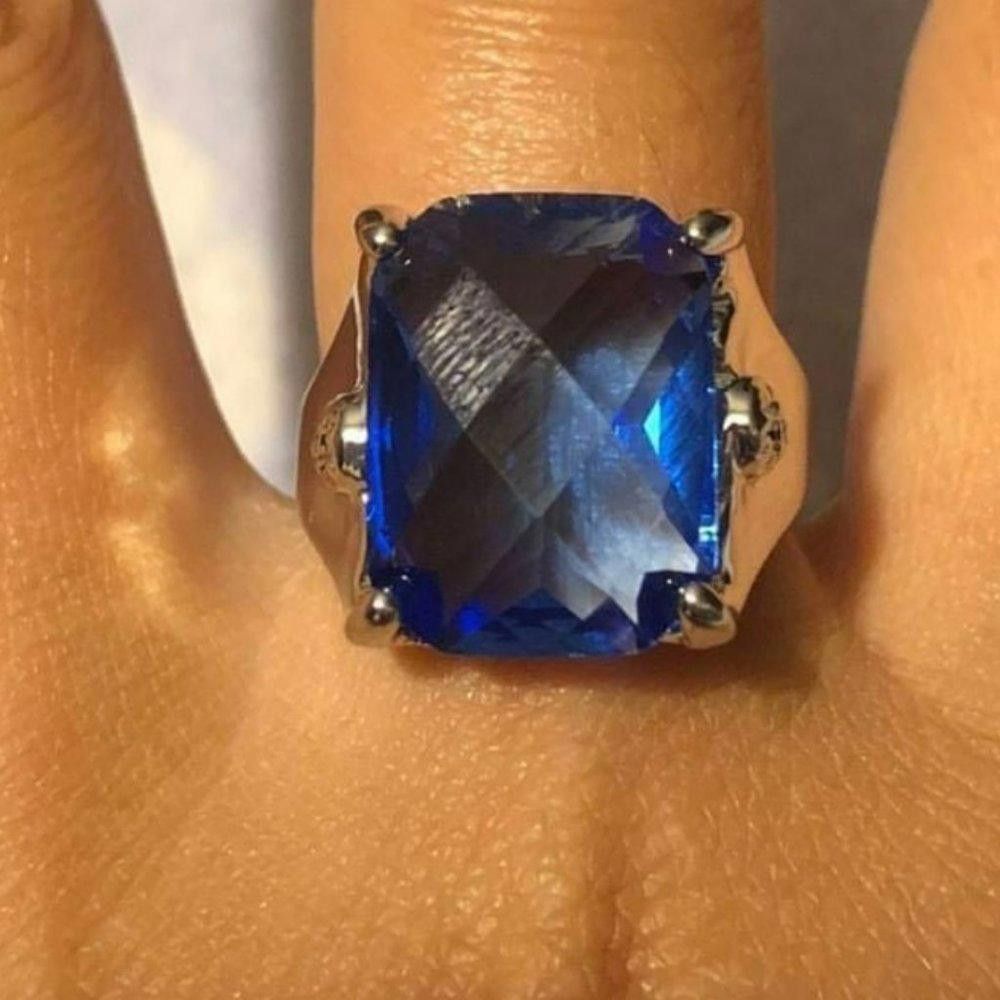Designer Big Princess Cut Blue Tanzanite Silver Ring - Size 8 Size ONE SIZE - 1 Thumbnail