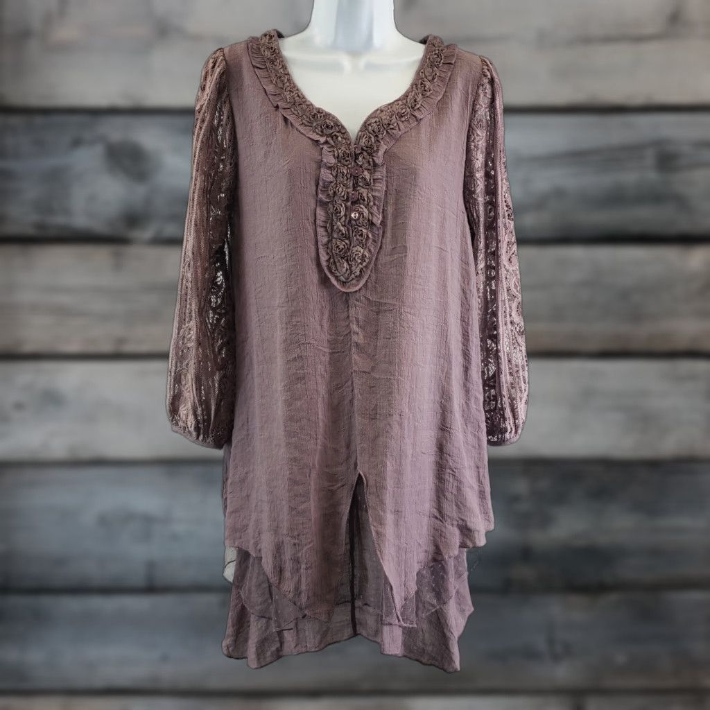 Vintage Pretty Angel Womens Tunic Top Sz Small Purple Layered Lace Linen Blend Shirt Size S / US 4 / IT 40 - 1 Thumbnail