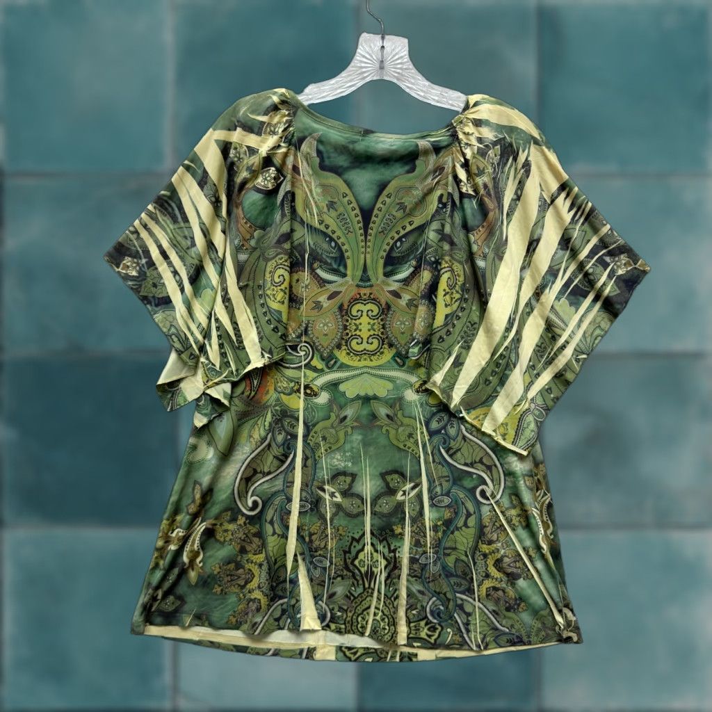 Vintage VINTAGE One World Shirt M Green Y2K Boho Kaftan Studded Slinky Grunge McBling Fairy Hippy Girls Size M / US 6-8 / IT 42-44 - 1 Thumbnail