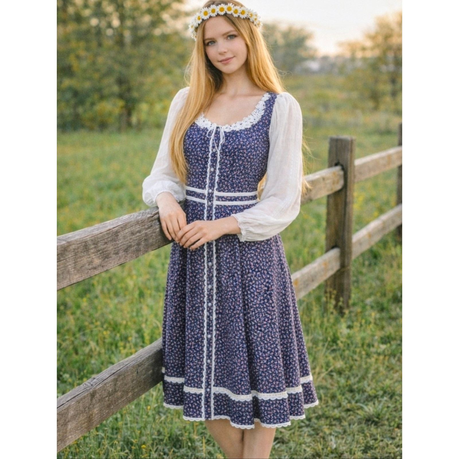 Jessica McClintock Gunne Sax 70s Navy Floral Midi Dress with White Lace Trim 13 Size S / US 4 / IT 40 - 6 Thumbnail