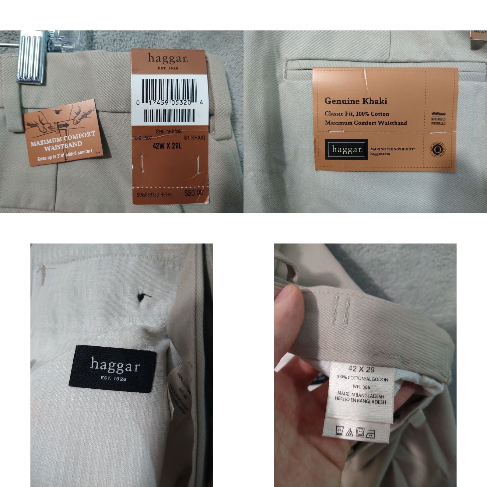 Haggar Haggar Pants Mens 42x29 Beige Khakis Classic Fit Flat Front Comfort Waist Cotton Straight Leg 42in Beige Mens Size US 42 / EU 58 - 8 Thumbnail