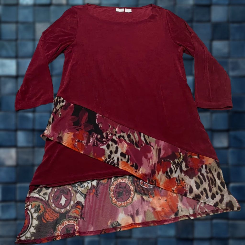 Vintage Chico's Womens sz 0 Shirt Red Tunic 3/4 Sleeve Asymmetric Hem US 4/6 Travelers Size M / US 6-8 / IT 42-44 - 1 Thumbnail
