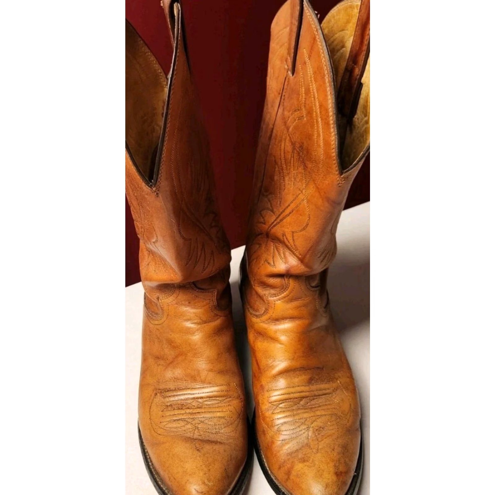 Justin Boots VINTAGE Justin Boots Cowboy Boots Mens 8 D Natural Tan Marbled Leather Western #1632 Size US 8 / EU 41 - 4 Thumbnail