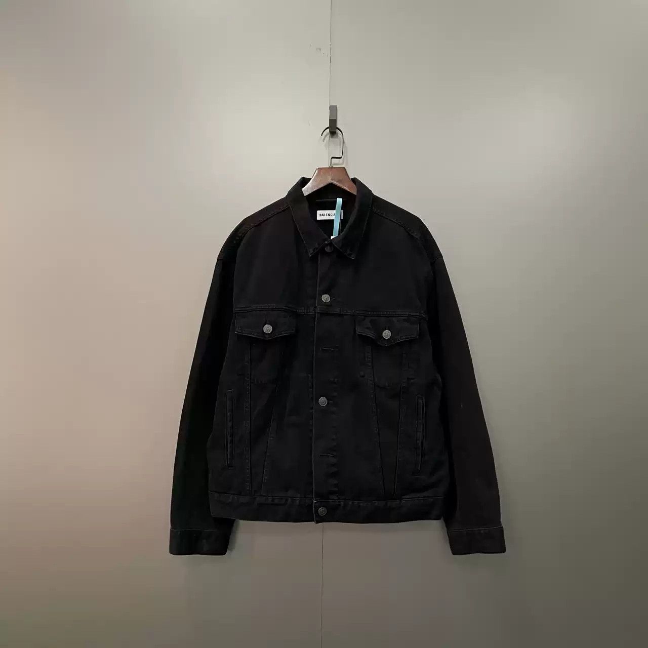 image of Balenciaga Diamond Logo Denim Jacket On The Back in Black, Men's (Size 2XS)