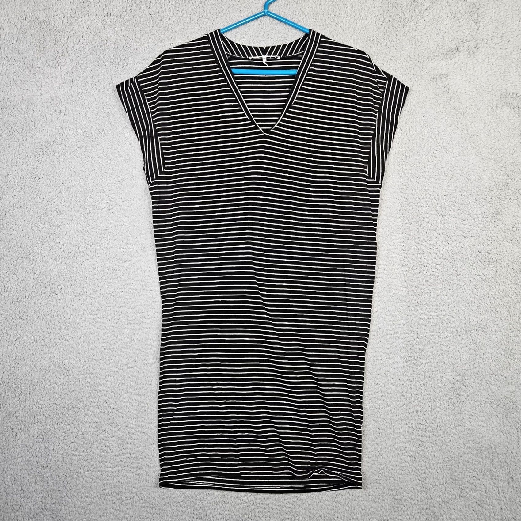 Frame FRAME Women's T-Shirt Dress XS Noir Multi Stripes Pima Cotton V-Neck Short Sleeve Black/White 100% Pima Size XS / US 0-2 / IT 36-38 - 2 Thumbnail