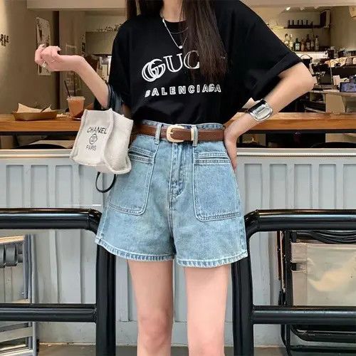 image of Vintage Shorts For Women High Waisted Pocket A-Line Denim Shorts in Blue (Size 28)